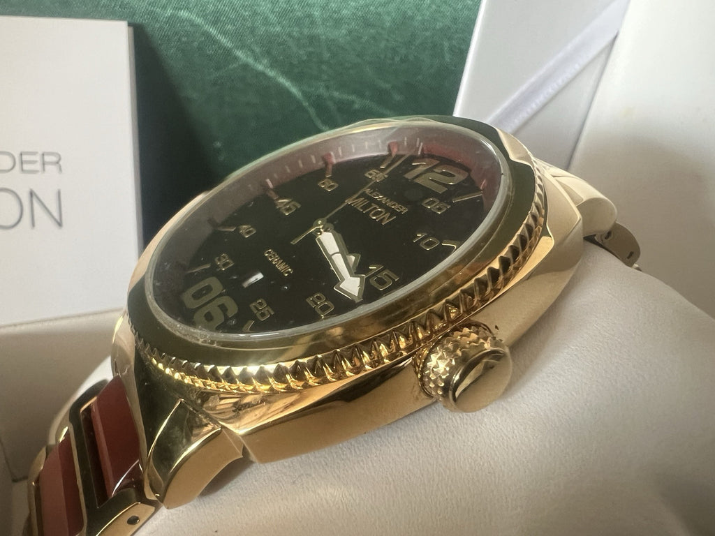 🔴 ALEXANDER MILTON orologio uomo placcato oro ceramica quarzo 3 ATM NOS