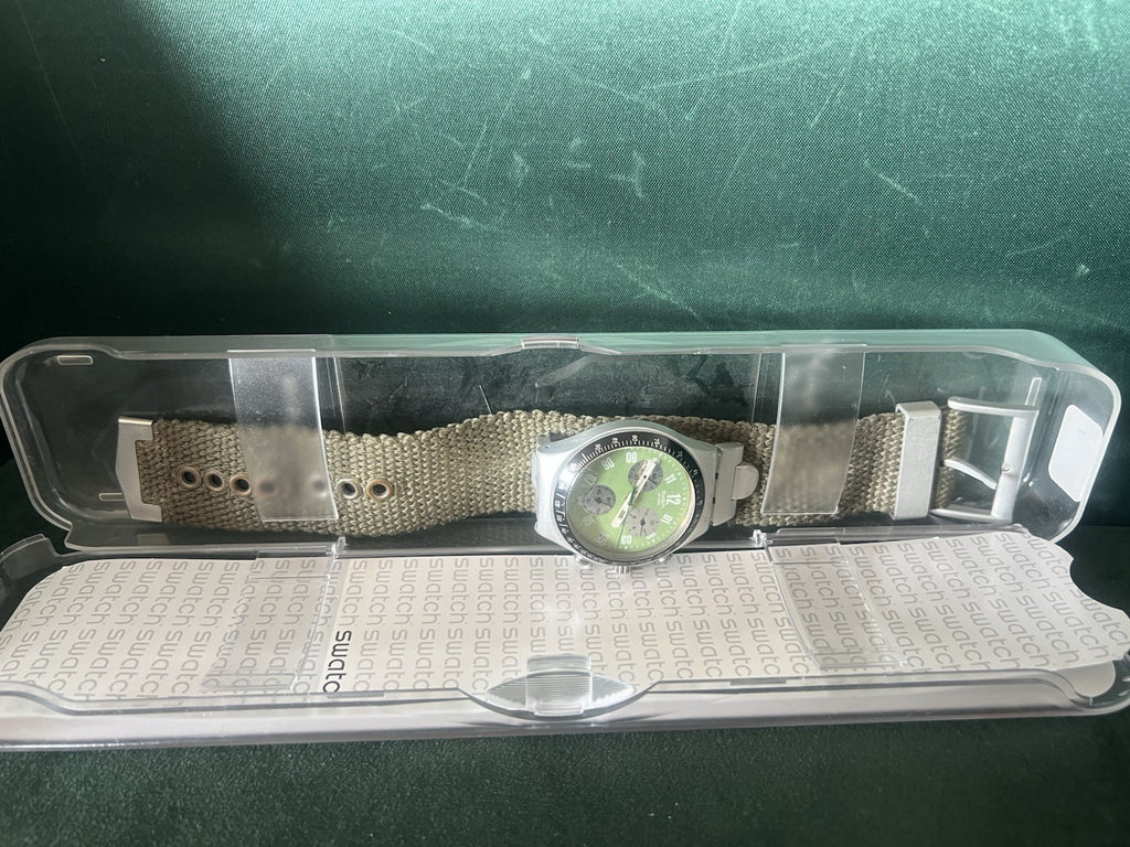 🔴 SWATCH orologio polso chrono CORAGGIOSO verde militare cinturino tessuto