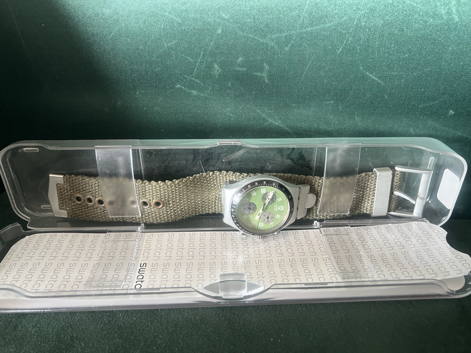 🔴 SWATCH orologio polso chrono CORAGGIOSO verde militare cinturino tessuto