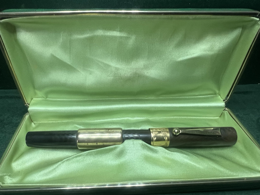 Lápiz Pluma Fuente Ebonita Cincelado de Palanca Nib Y Borde Oro 14K Vintage