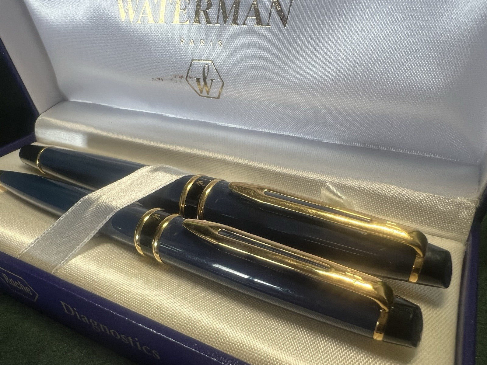 🔴 WATERMAN penna stilografica Emisphere pennino F e sfera resina blu scrivono