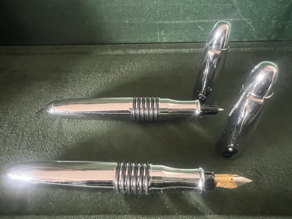 🔴 BMW penna stilografica e sfera cromate scrivono con astuccio 2 PENNE