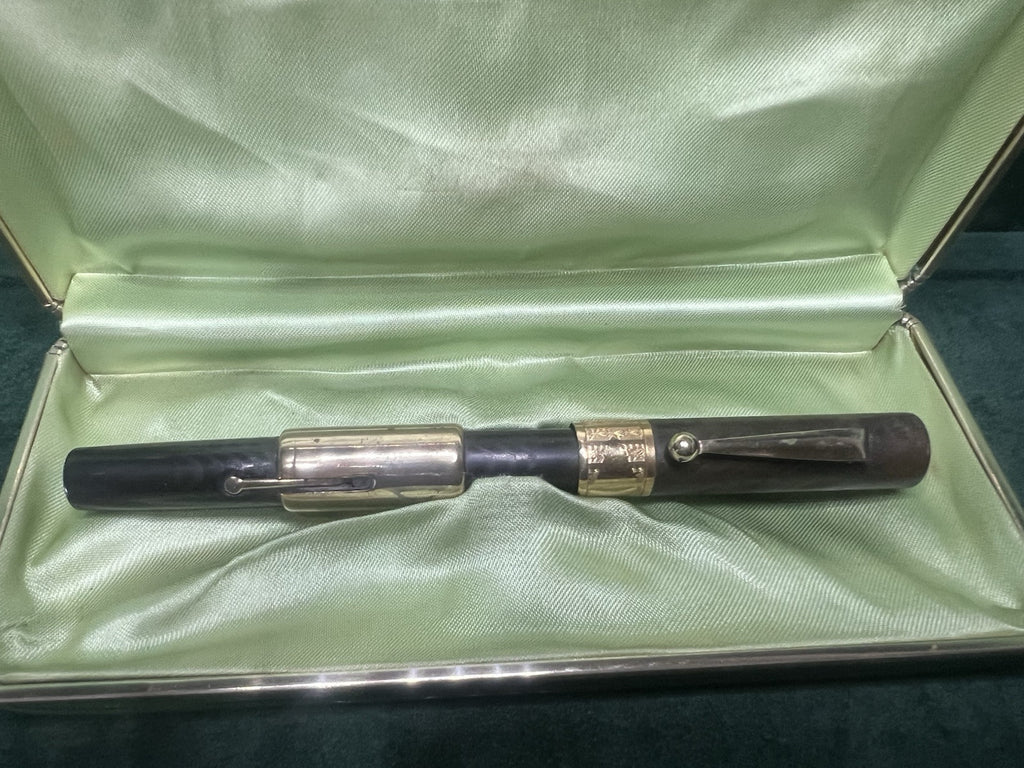 Lápiz Pluma Fuente Ebonita Cincelado de Palanca Nib Y Borde Oro 14K Vintage