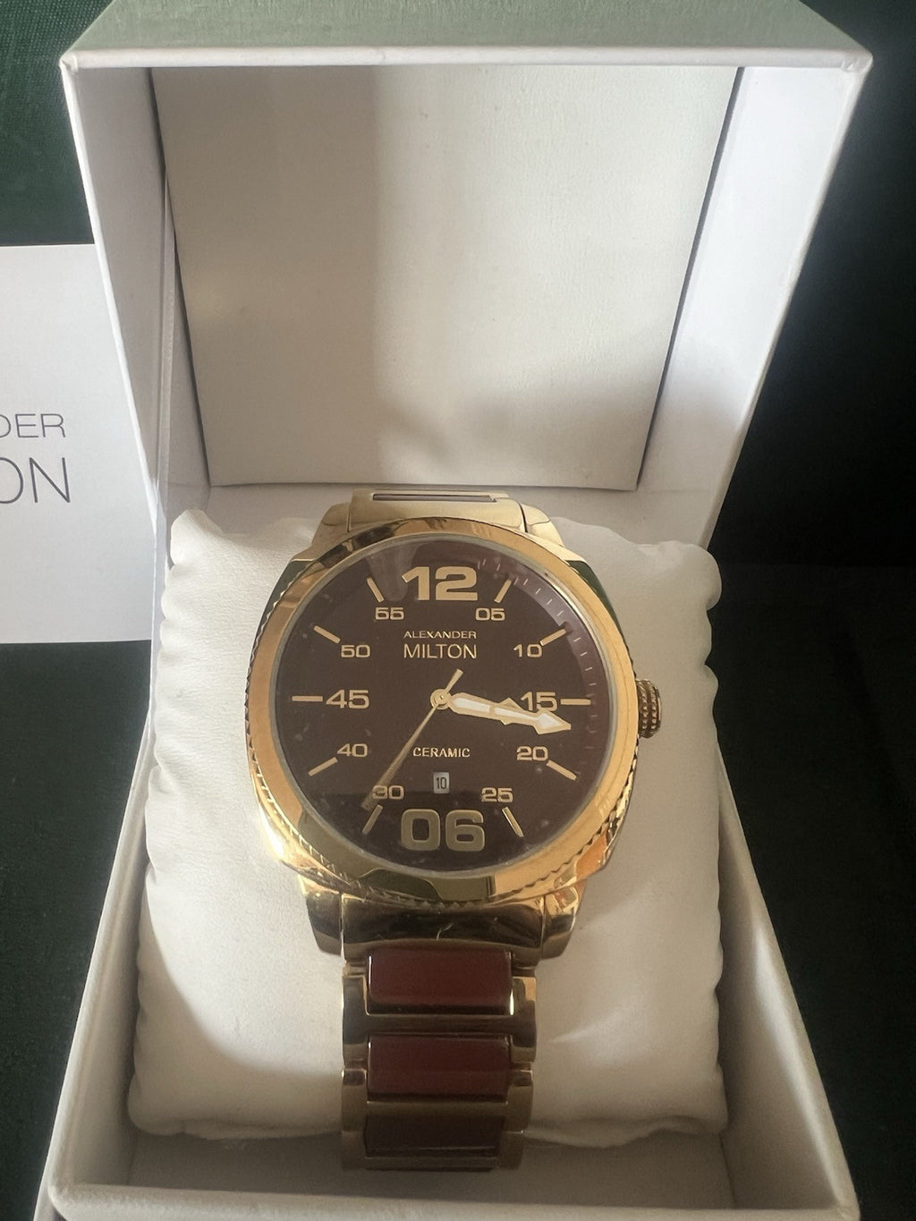 🔴 ALEXANDER MILTON orologio uomo placcato oro ceramica quarzo 3 ATM NOS
